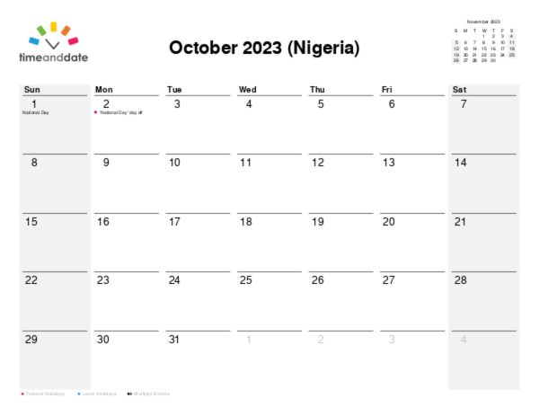 Calendar for 2023 in Nigeria