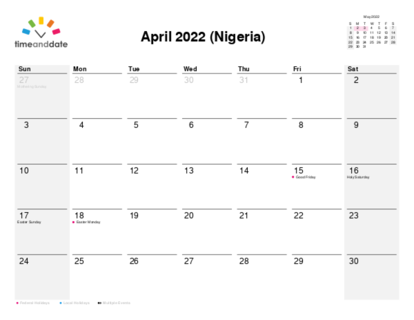 Calendar for 2022 in Nigeria