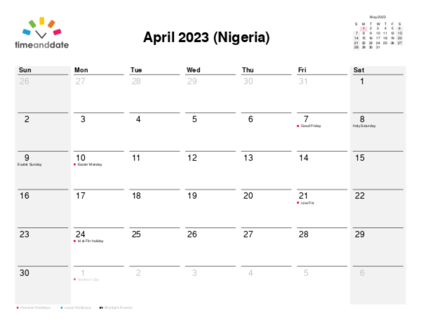 Calendar for 2023 in Nigeria