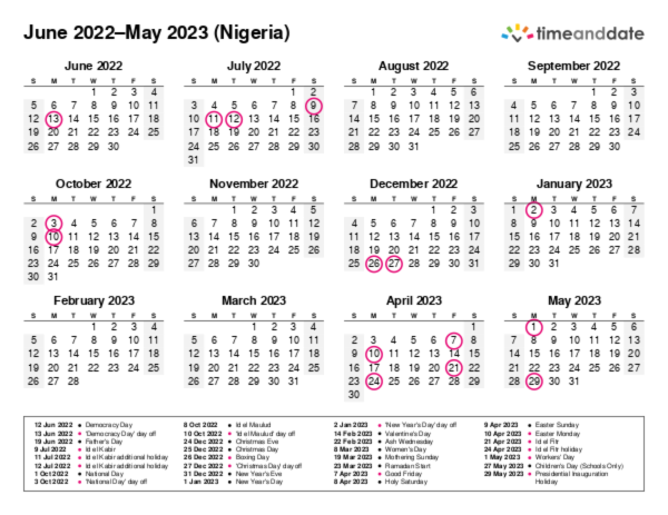 Printable Calendar 2022 for Nigeria (PDF)