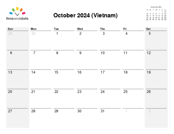 Calendar for 2024 in Vietnam