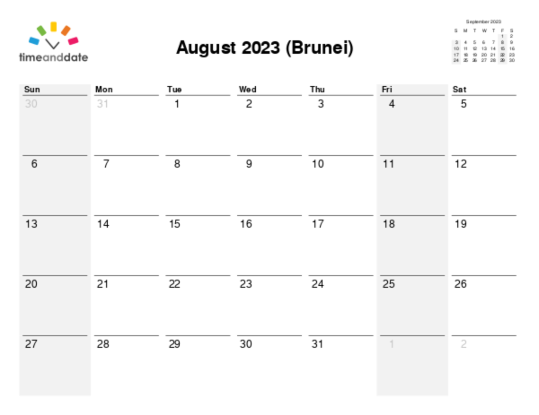 Calendar for 2023 in Brunei