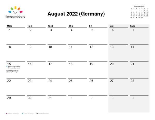 Calendar for 2022 in Germany