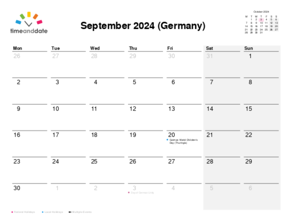 Calendar for 2024 in Germany