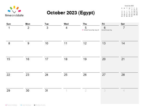Calendar for 2023 in Egypt