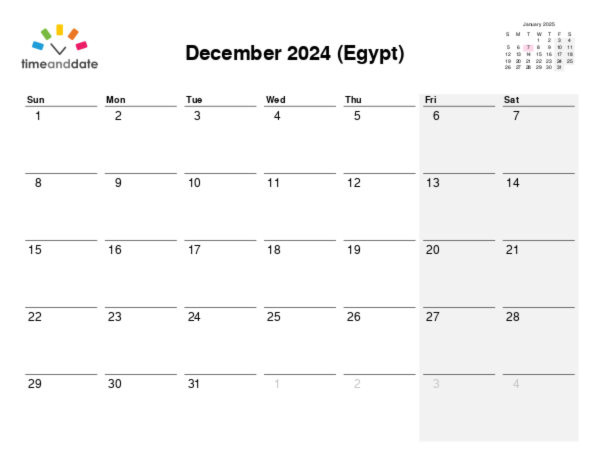 Calendar for 2024 in Egypt