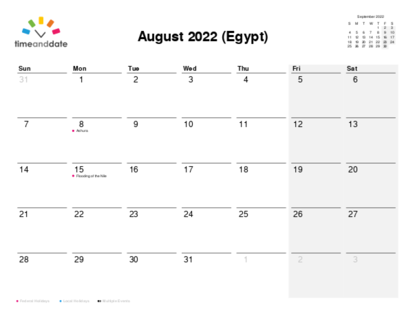 Calendar for 2022 in Egypt