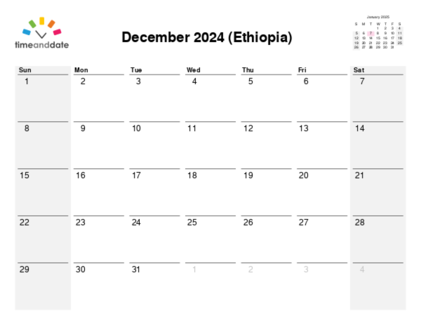 Calendar for 2024 in Ethiopia