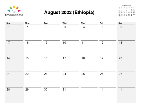 Calendar for 2022 in Ethiopia
