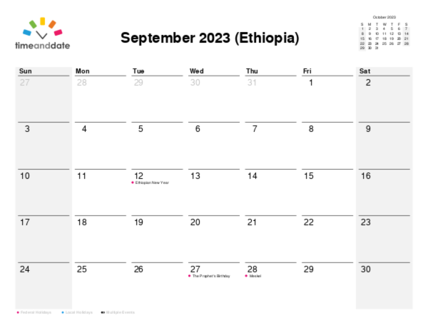Calendar for 2023 in Ethiopia