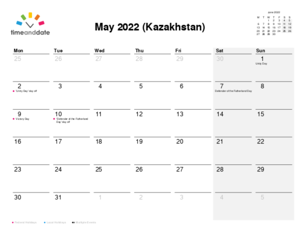 Calendar for 2022 in Kazakhstan