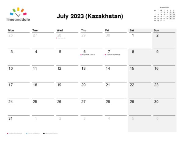 Calendar for 2023 in Kazakhstan