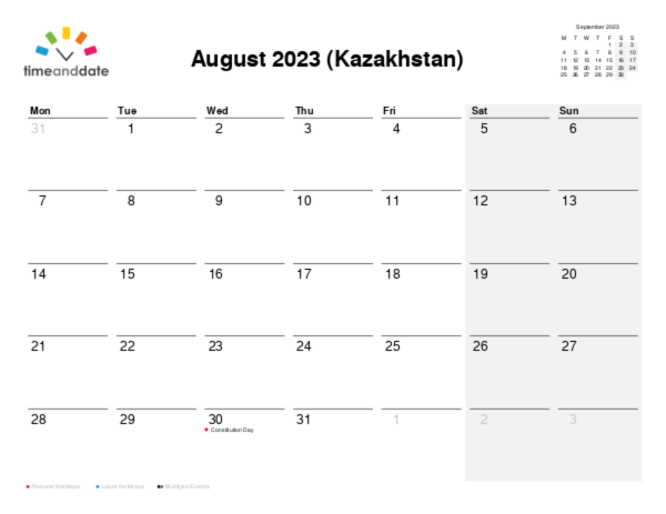 Calendar for 2023 in Kazakhstan