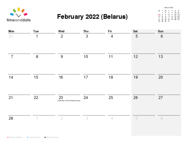Calendar for 2022 in Belarus