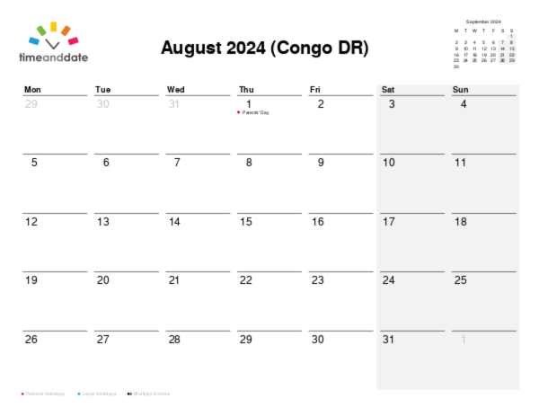 Calendar for 2024 in Congo DR