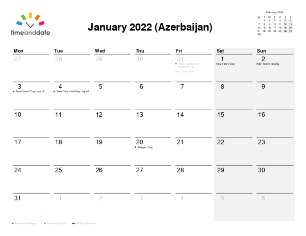 Calendar for 2022 in Azerbaijan