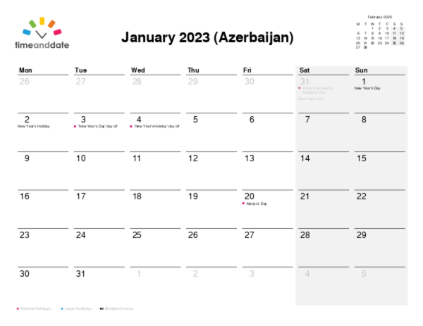 Calendar for 2023 in Azerbaijan