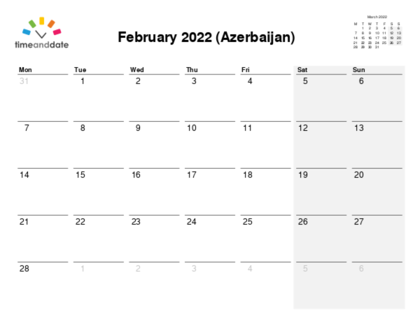 Calendar for 2022 in Azerbaijan