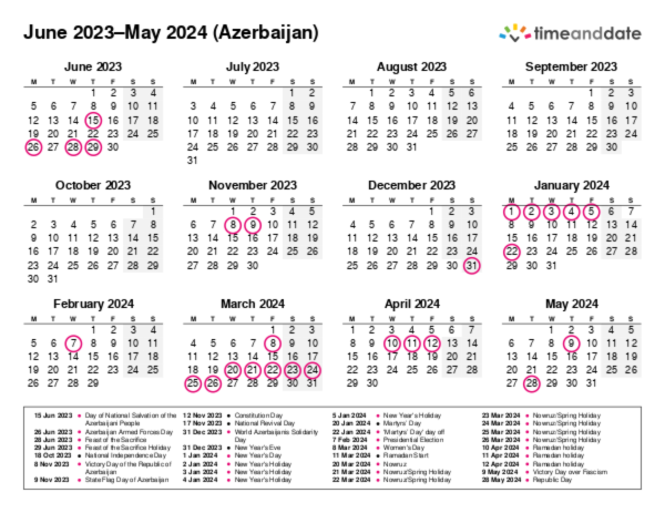 Calendar for 2023 in Azerbaijan