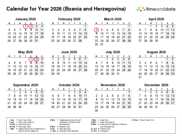 Free Printable Calendar with Holidays for Bosnia and Herzegovina
