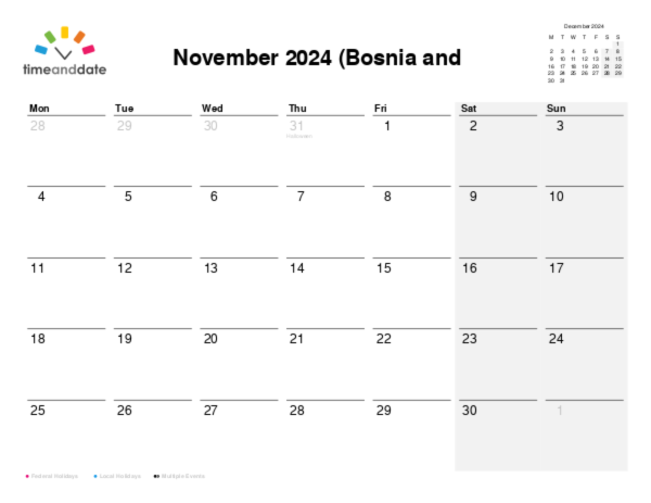 Calendar for 2024 in Bosnia and Herzegovina