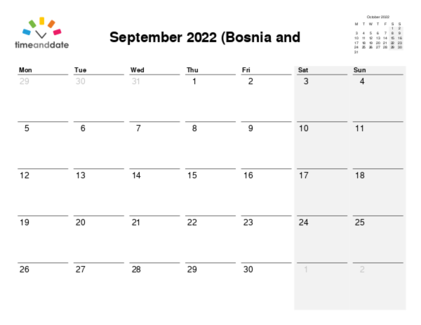 Calendar for 2022 in Bosnia and Herzegovina