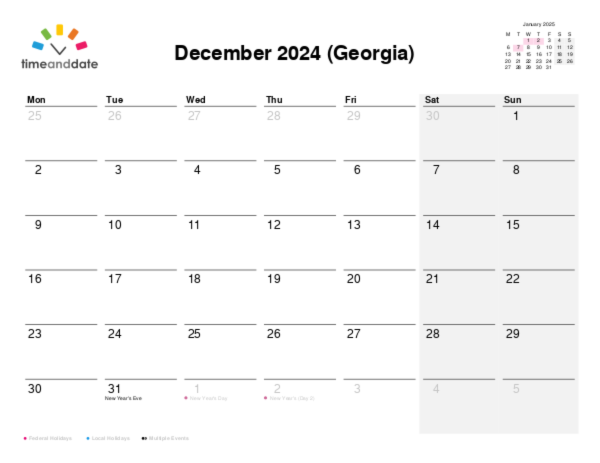 Calendar for 2024 in Georgia