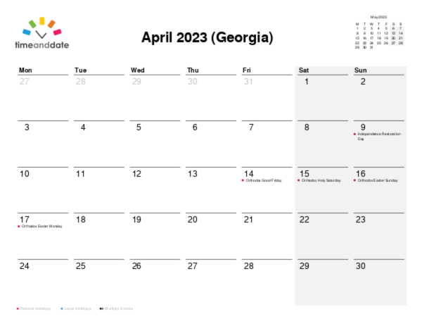 Calendar for 2023 in Georgia