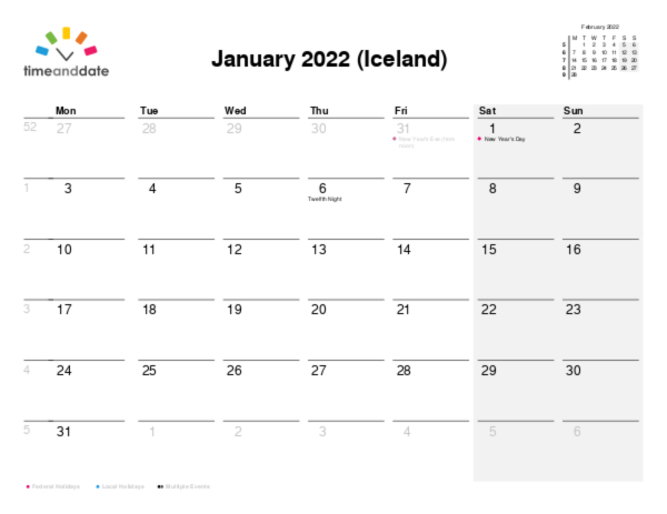 Calendar for 2022 in Iceland