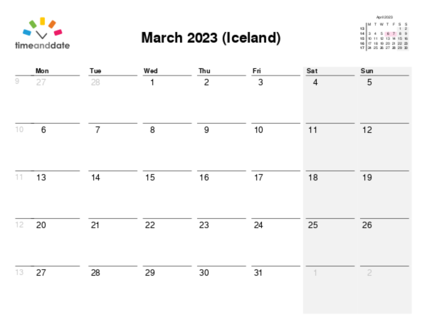 Calendar for 2023 in Iceland