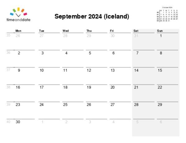 Calendar for 2024 in Iceland