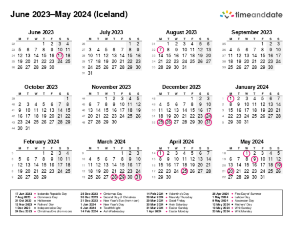 Calendar for 2023 in Iceland