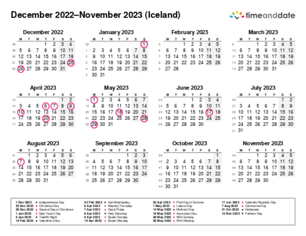 Calendar for 2022 in Iceland