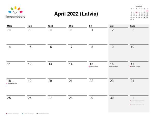 Calendar for 2022 in Latvia