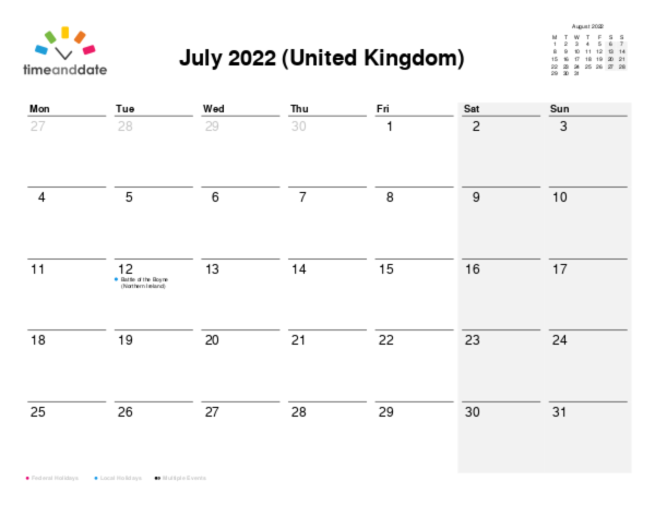 Calendar for 2022 in United Kingdom