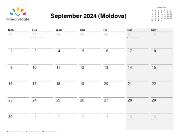 Calendar for 2024 in Moldova