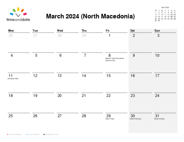Calendar for 2024 in North Macedonia