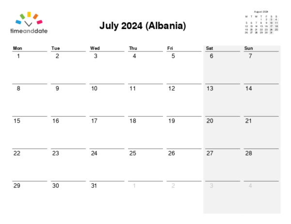 Calendar for 2024 in Albania