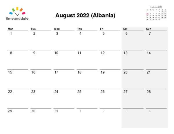 Calendar for 2022 in Albania