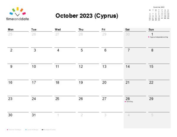 Calendar for 2023 in Cyprus