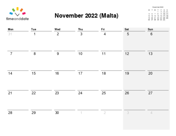 Calendar for 2022 in Malta