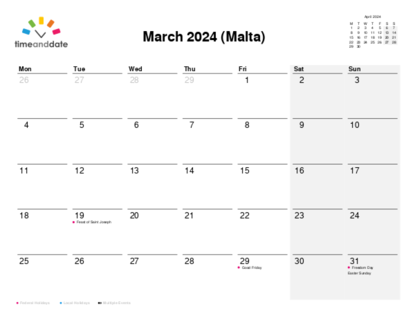 Calendar for 2024 in Malta