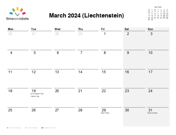 Calendar for 2024 in Liechtenstein