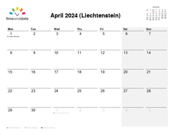 Calendar for 2024 in Liechtenstein