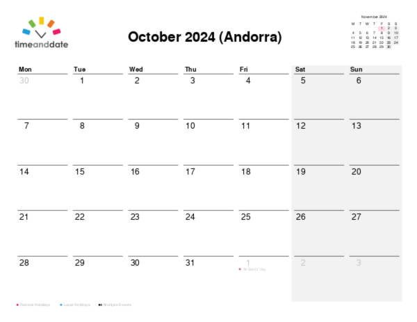 Calendar for 2024 in Andorra