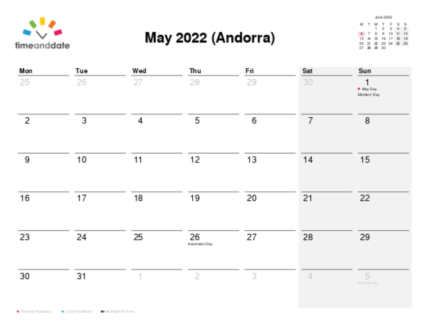 Calendar for 2022 in Andorra