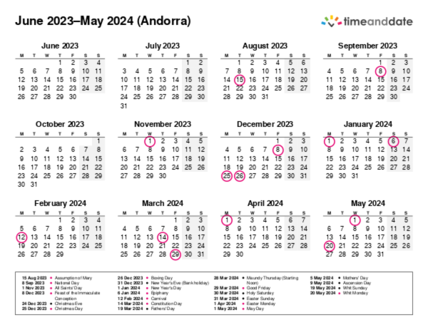 Calendar for 2023 in Andorra
