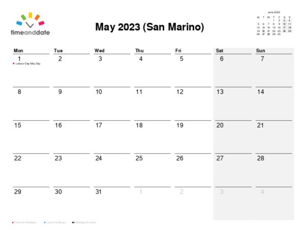 Calendar for 2023 in San Marino