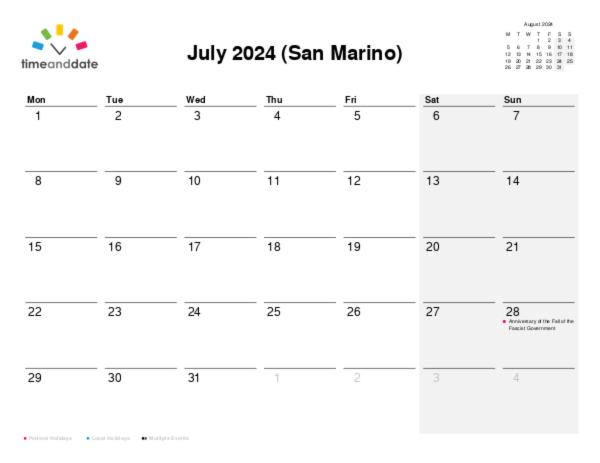 Calendar for 2024 in San Marino