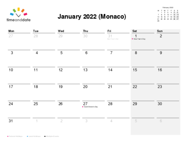 Calendar for 2022 in Monaco